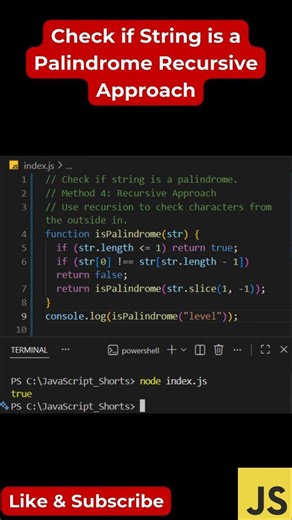 #111 Check Palindrome Recursively in JS | Elegant Recursive Trick