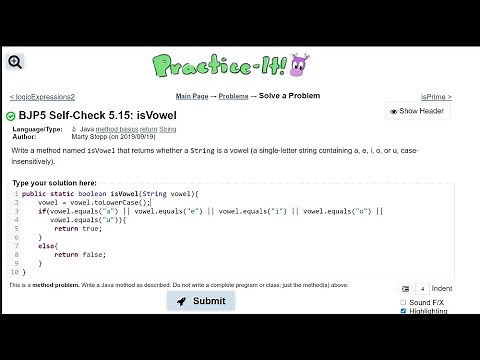 Java Practice It || 5.15 isVowel || boolean method with string parameter, .equals(), .toLowerCase()