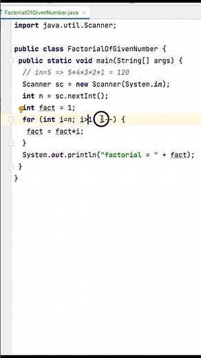 FIND FACTORIAL IN JAVA USING FOR LOOP #program #javaclass #coding #javaprogram #ytshorts #code