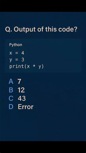 Prashant Kumar on Instagram: "🧠 Python Quick Quiz! Think you know the basics of Python? Here's a simple code snippet — but can you guess the correct output? In this short video, we break down a beginner-friendly Python problem to help you boost your coding logic and speed. Perfect for students, programmers, and anyone learning to code! 👨‍💻🐍 🔍 What’s inside: • A clean Python code example • Multiple-choice answers • Quick explanation of the result • Great for coding practice and interview pre