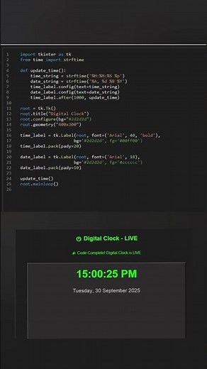Python Digital Clock | GUI Project Tutorial in 30 Minutes | Live Clock in Python#python #coding