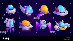 Alien spaceship cartoon game vector icon set. Ufo shuttle cute fantasy illustration. Colorful space ship ui asset collection. Travel transport for cos Stock Vector Image & Art - Alamy