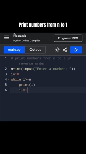Print numbers from n to 1 (reverse - order) program - Python #live #code #repeat