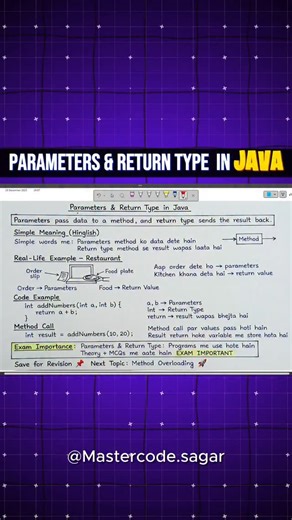 Sagar Rathod on Instagram: "📌 Parameters & Return Type in Java – Explained Simply In Java, parameters are used to pass data into a method, and the return type sends the result back 💻 👉 Think of it like this: Order dena = parameters Food milna = return value 🍽️ 📚 In this topic, you learn: ✔ What are parameters? ✔ What is return type? ✔ How values are passed to a method ✔ How results are returned Ye concept methods, exams, aur real coding ke liye bahut important hai. 👉 Save this reel for rev