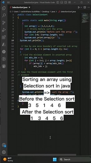 Selection Sort in java. #java #javaprogramming #array #sort #code #shorts