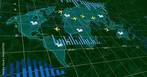 Airplane icons and bar graphs over world map, representing global air traffic data