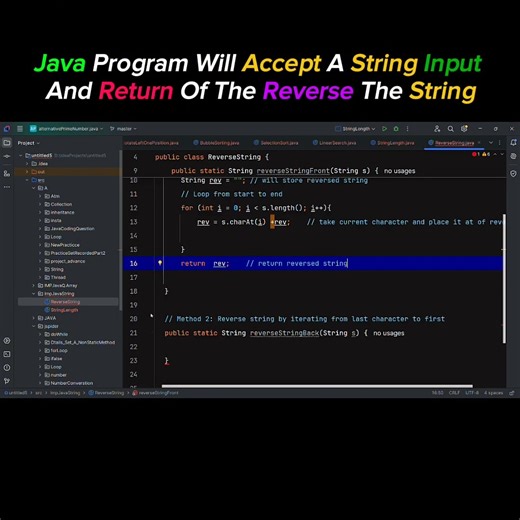 Java program to accept a string input and return of the reverse the string #java #coding #dsa#string