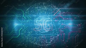 5G technology animation over digital circuit board and network connections