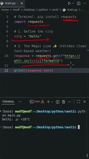 🌤️ Free: Live Weather in 3 Lines! (No API Key Needed!) #python #coding #programming #tech #weather