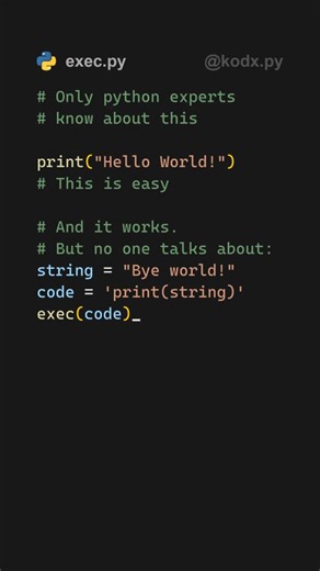 kodx | Creator & Programmer on Instagram: "This is a tip for advanced programmers. You can use the exec built in function to execute python code from a string. That way you could, for example, ask the user to write code usin input() and the execute it. Forllow for more tips like this! #viral #pythontips #coders"