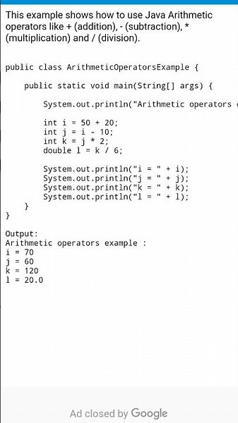 Java program for Arithmetic operations with Example