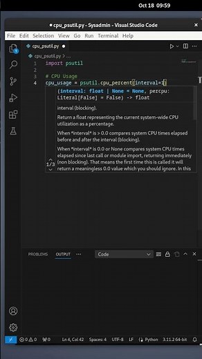 Python CPU Usage Monitoring System Resources with Psutil #beginner #sysadmin #python