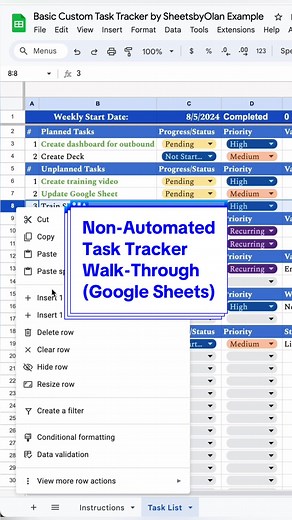My automated task tracker is amazing but what if you're company doesn't allow Apps Script which is what makes the automation possible? Don't worry, I used this non-automated task tracker and it helped me stay way more organized than I used to be. Non-Automated Task Tracker Features: - Automatic numbering - Dropdowns to keep track of your progress/status & priority levels - Text formatting to easily identify which tasks are next - Completed task counter - Easily updated and customizable There's a