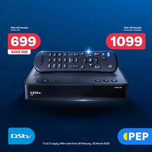 Celebrate MORE the Mzansi way! Buy a DStv HD decoder for 699 SAVE 100 or get the DStv HD installation for 1099 today! And with more ways to pay, buy a DStv Explora decoder for 1999 on your PEP account. Plus, pay your DStv account at any PEP store. Ts&Cs apply. While stock lasts. #LifesBetterWithPEP | PEP