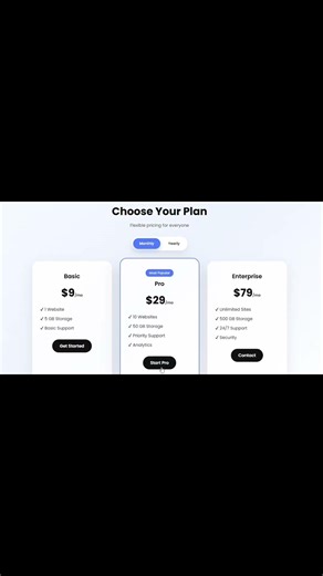 Animated Pricing Card UI | HTML CSS JavaScript Pricing Table🚀#shorts #tech #coding #viral