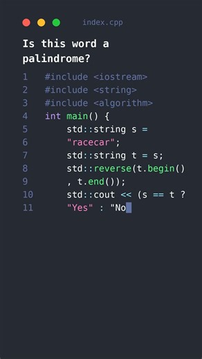 Palindrome in 9 Lines of C++ #shorts #coding