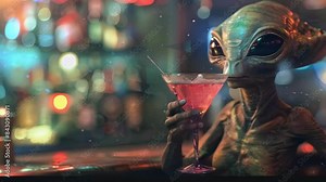 alien in bar drinking coktail 4k new stock video footage animation design AI