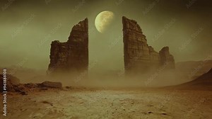 A barren alien landscape with towering rock formations and a distant moon, enveloped in a hazy atmosphere, evokes a sense of solitude and mystery