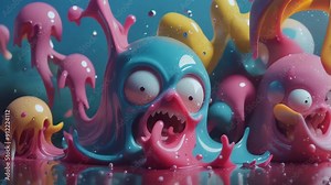 Colorful alien creature emerges from vibrant slime pool in fantasy animation, looping