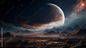 A stunning view of an alien landscape with a large moon in the sky, perfect for use in sci-fi projects. This scene is perfect for adding a sense of wonder to your film or video.