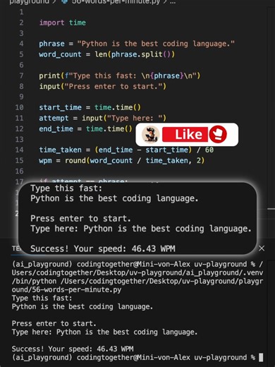 Simple Words per Minute Calculator in Python #programming #coding #python In this short video I show you how you can build your own typing speed calculator in Python. We will measure the time it takes to write a given phrase in the terminal. And give back the measured time in words per minute to show how fast you can write. It’s simple but shows the the core concept of comparing strings to an input and the time it takes with some easy calculations. Please like and follow if you would like to see