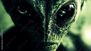 green alien with sickly green eyes. large and black, shimmering like glass, looking directly