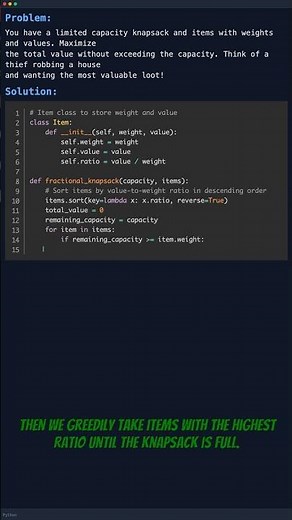 Greedy Algorithms Explained: Fractional Knapsack Problem (Python)