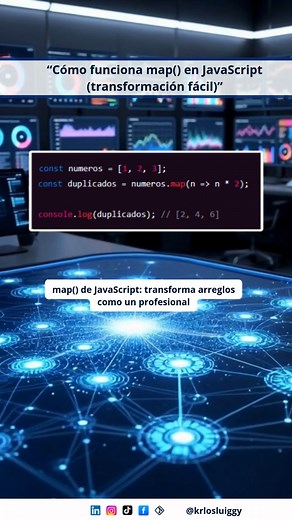 “Cómo funciona map() en JavaScript (transformación fácil)” map() transforma arrays sin modificarlos. Perfecto para listas, tablas, UI en React o datos dinámicos. Aquí un ejemplo rápido duplicando valores. #javascript #arrays #desarrolloweb #frontend #programacion | Krlosluiggy