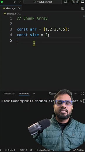 Mohit Decodes | Chunk Array in JavaScript 🔪 Split an array into fixed-size parts — super useful for pagination, UI grids & API batching. Simple logic,... | Instagram