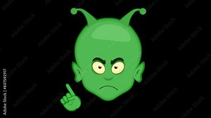 video animation face alien extraterrestrial cartoon, saying no with finger index hand body part. On a transparent background with alpha channel set to zero