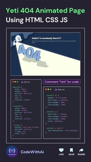 Comment ‘YETI’ for the Code: Cutest 404 Error Page Ever! ❄️✨#coding#programming#animation#shorts#css