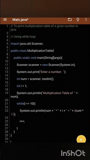 To print multiplication table of a given number in javaUsing while loop.#java #js #c#coding #coder