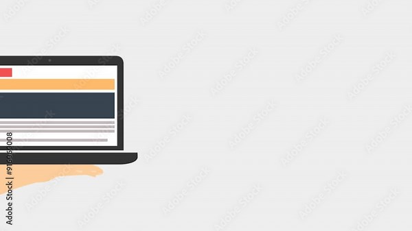 Animated hand using laptop for technology and remote work concept