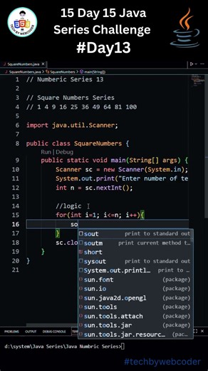 Day 13 : Easy Square Numbers Series in Java | 15 Days of Code