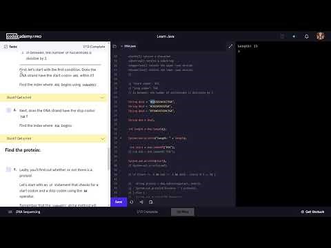 Learn Java - 7.2 Java String Methods DNA Sequencing Project | Codecademy Walkthrough