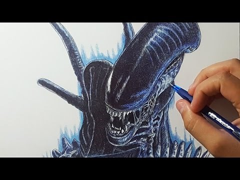 Drawing "XENOMORPH" Alien with Ballpoint Pen