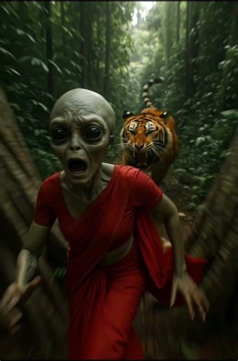 A scene of a tiger🐅 attacking an alien👽 #tiger #alien #animals #forest #nature