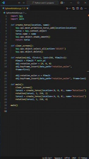 Blender Python - Creating a torus, making it rotate (code in description) #blender #pythonapi
