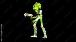 3D green alien with blaster walking - looped animation with alpha channel