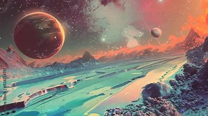 Alien Landscape: A surreal, otherworldly scene unfolds, showcasing a vibrant, alien landscape under a breathtaking sky filled with stars, planets, and nebulas. The vibrant colors, intricate details, a