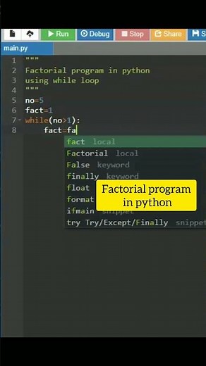 Factorial program in python using while loop #python