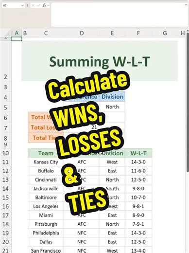 Excel Hacks: Calculate WINS, LOSSES & TIES in Seconds! ⚡ #ExcelTips - Excel Tips and Tricks Learn how to quickly calculate Wins, Losses, and Ties in Excel using these powerful formulas! 🚀 Perfect for sports analytics, business tracking, and competitive data—boost your productivity with this step-by-step tutorial. Calculate Wins =LET(filteredData,FILTER(F11:F30,(D11:D30=D5)*(E11:E30=E5)), SUM(--TEXTBEFORE(filteredData,