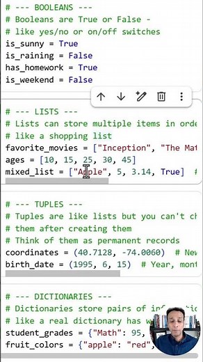 Quick intro to python variables - Boolean, Lists, Tuples, and Dictionaries