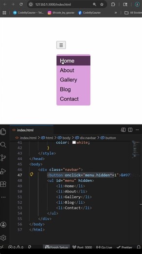 #014 Toggle Navigation Menu in 1 Line 😳 HTML JavaScript Trick 🔥#webdevelopment #coding