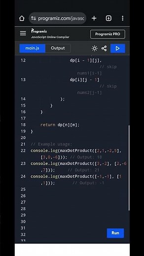 JavaScript Maximum Dot Product of Subsequences | DP Array Problem | LeetCode Solution