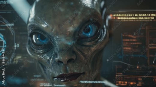 Realistic alien closeup looking through spaceship window at Earth, flickering city lights reflected in alien eyes, subtle blinking and head tilt, cinematic 4K ultra HD, ambient UFO interior lighting