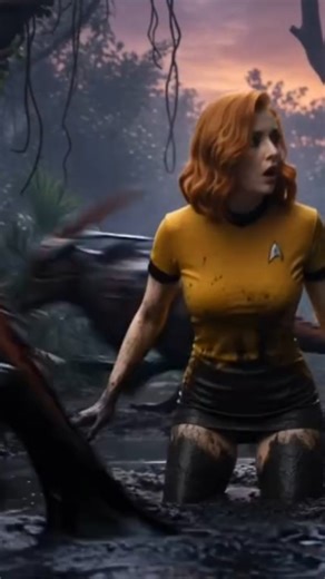AI Star Trek Ladies on Instagram: "Predator Pursuit 4: Still trapped in an alien jungle (and somehow miraculously free for the moment from the monstrous alien chasing her), our redheaded goldshirt finds herself startled by some of the other wildlife inhabiting the planet. Perhaps a little dip in the mud will mask her scent and protect her from whatever's chasing these things! 😨 Like, share, follow, and leave a comment! Live long and prosper! 🖖 #AI #StarTrek #Ladies #SciFi #Veo3 #PixVerse #Star
