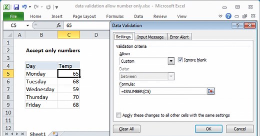Data validation allow numbers only