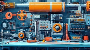 Complex machine featuring orange and blue components operates within an industrial workshop, showcasing advanced technology and innovative manufacturing processes