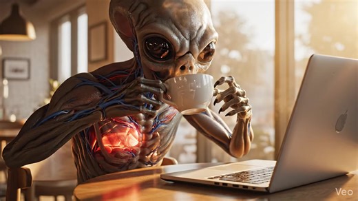 An alien drinks a super hot coffee and burns his insides. #ai #alien #coffee #laptop #coffeeshop